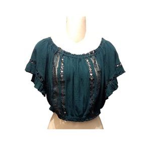 Green Boho Peasant Crocheted Crop Top Ruffled Sleeves Sz 8